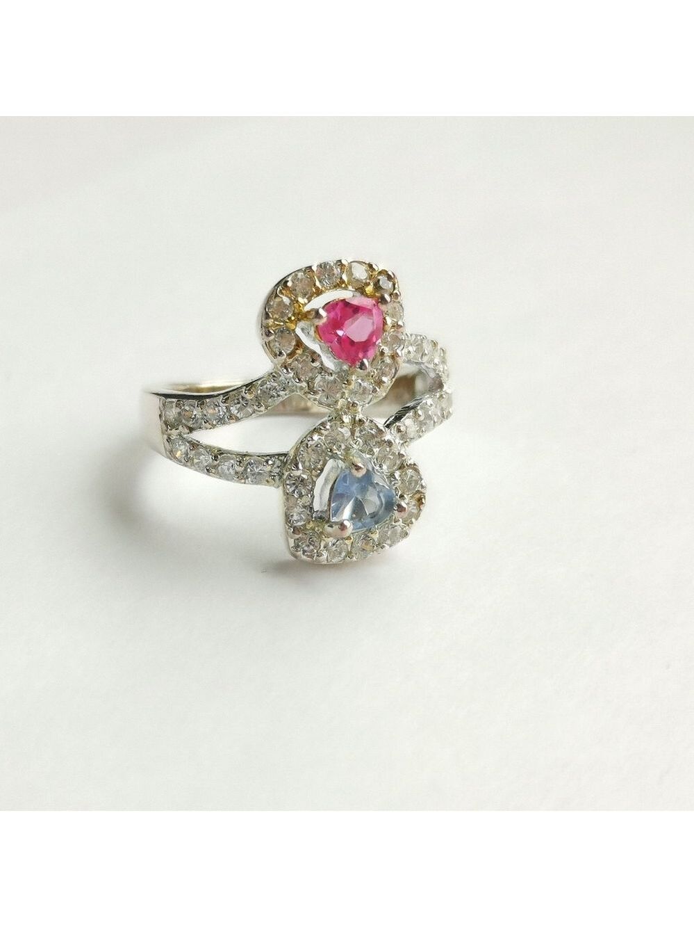 Pear Cut Pink and Blue Topaz  Ring Toi et Moi Size 6.5